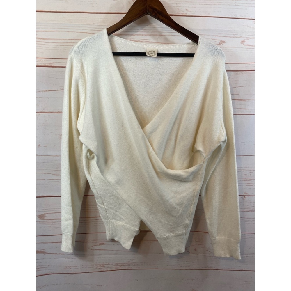 Ivy Fuzzy Faux Wrap Deep V Neck Cream  Sweater